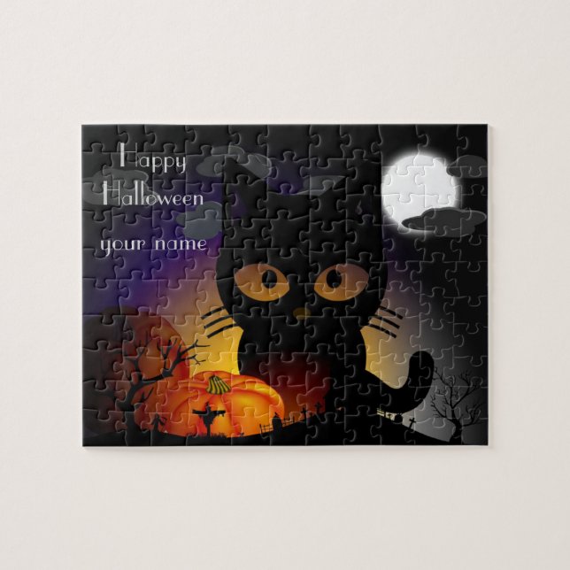 Carton mignon Halloween Chat noir Jigsaw Puzzle Pu (Horizontal)