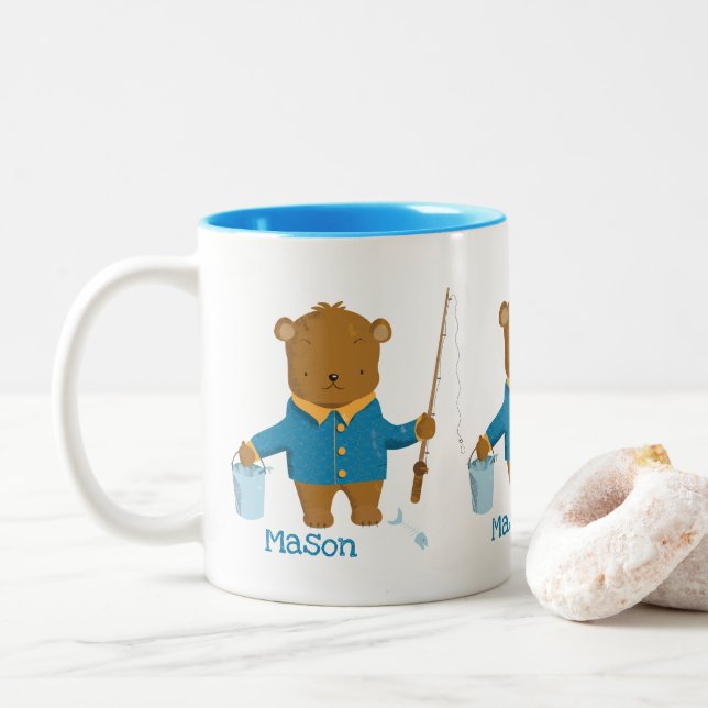Carton mignon Pêche Ours Brown Kid Mug (Avec donut)