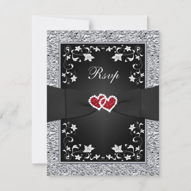 Carton RSVP à motif floral argent noir et coeurs r (Devant)
