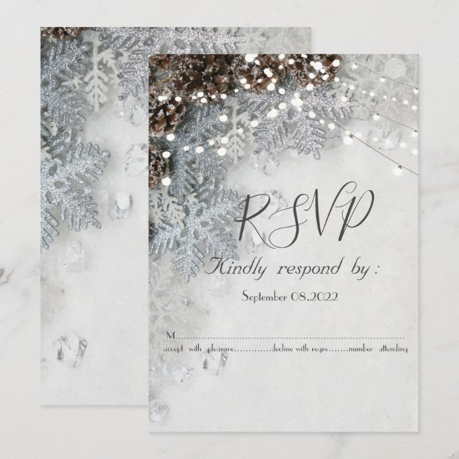 Cartons de pin, invitation RSVP Flocons de neige (Devant / Derrière)