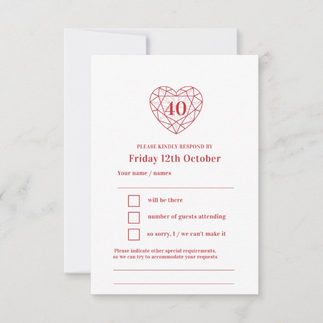 Cartons Réponse 40 ans rubis coeur rouge 40e anniversaire mariage (Devant)