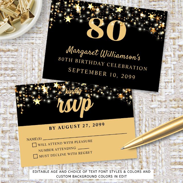 Cartons Réponse 80e Anniversaire Gold Stars Couleur personnalisée (Créateur téléchargé)