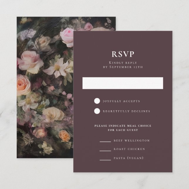 Cartons Réponse Accueil Romantique de mariage floral Moody foncé (Devant / Derrière)