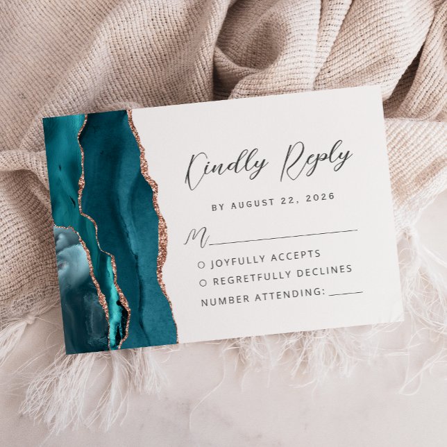 Cartons Réponse Agate Teal Rose Gold Modern Script Wedding (Créateur téléchargé)
