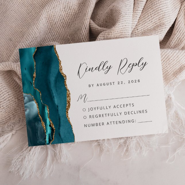 Cartons Réponse Agate Turquoise Blue Gold Modern Script Mariage (Créateur téléchargé)