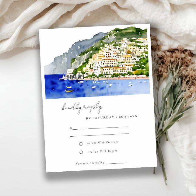 Cartons Réponse Amalfi Coast Italie Aquarelle Mariage Paysage (Créateur téléchargé)