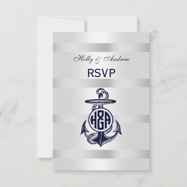 Cartons Réponse Ancre Bleue Argent Blanc Cercle Marine Monogramme  (Devant)