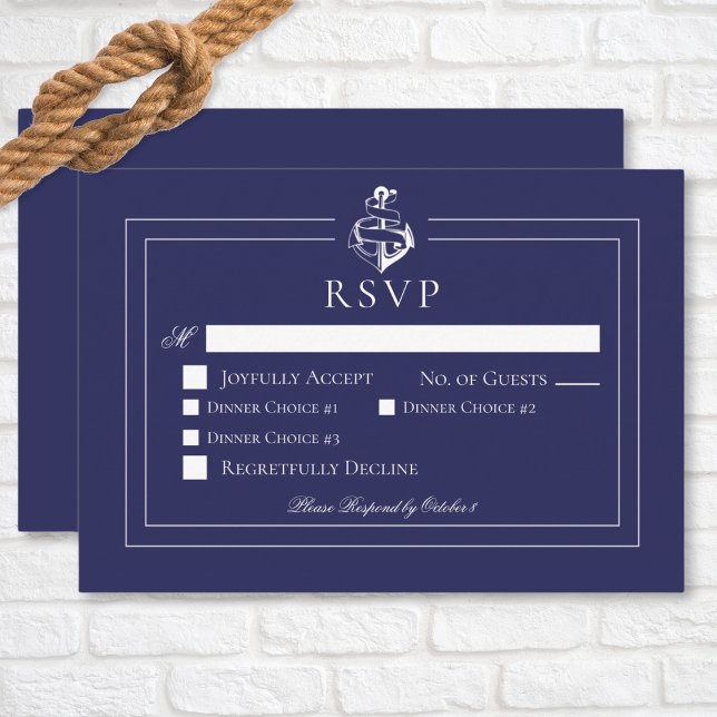 Cartons Réponse Ancre marine Blue Nautical Dîner Mariage (Navy Blue Nautical Anchor Wedding Response Card with Dinner Options)