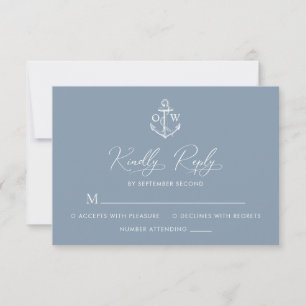 Cartons Réponse Ancre nautique Dusty Blue Monogram Mariage