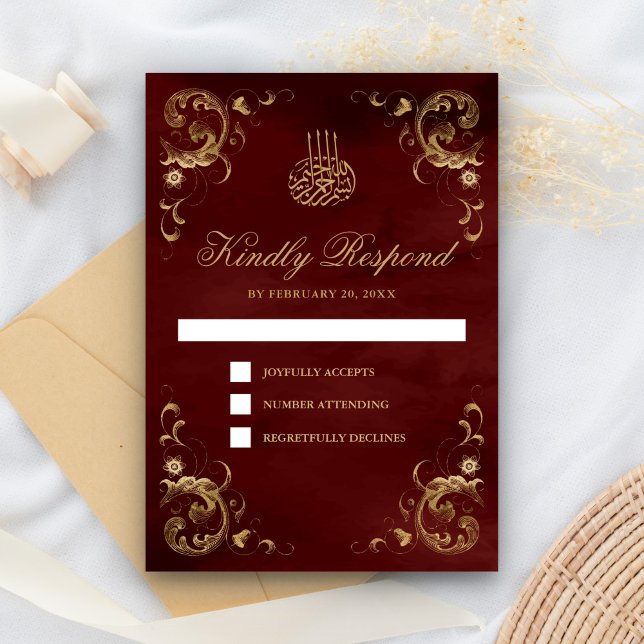 Cartons Réponse Antique Gold Frame Bourgogne Rouge Mariage islamiq (Créateur téléchargé)