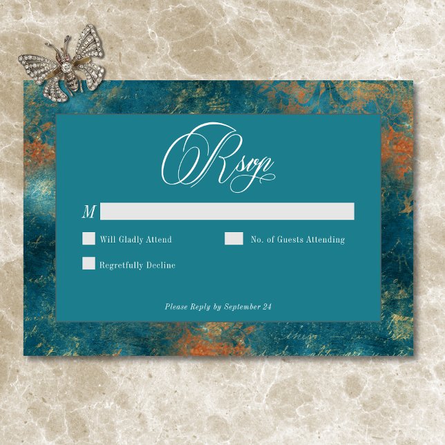 Cartons Réponse Antique gothique Turquoise or Mariage damassé (Gothic Antique Teal Gold Damask Wedding RSVP Card)