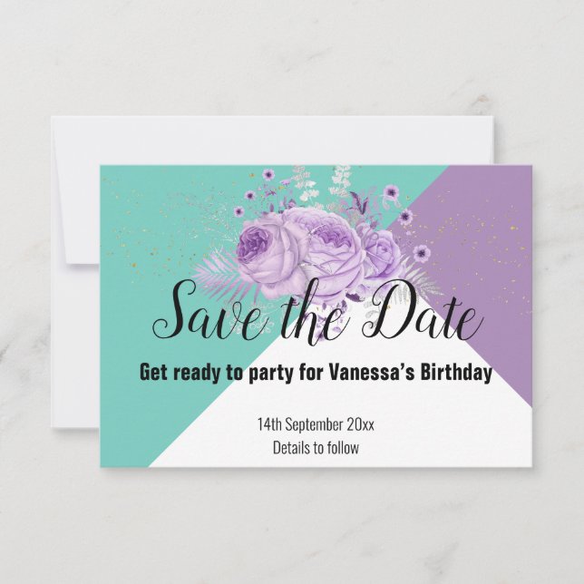 CARTONS RÉPONSE AQUA GREEN PURPLE LILAC FLORAL SAUVER LA DATE (Devant)