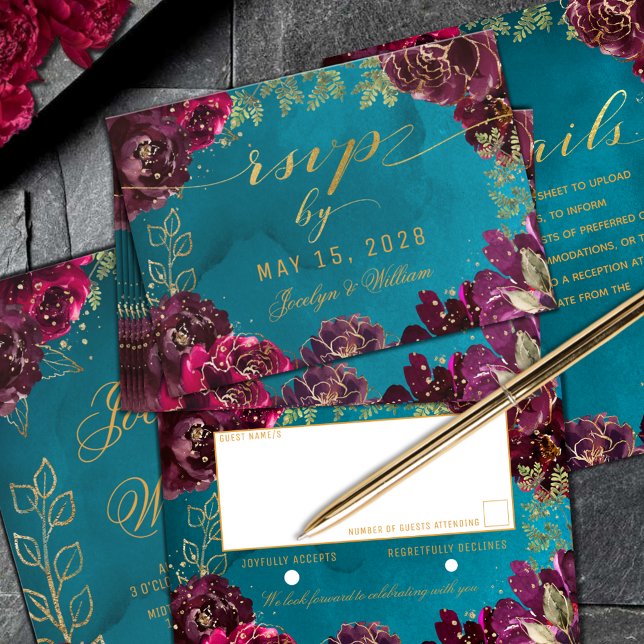 Cartons Réponse Aqua Turquoise Merlot Bijoux Tone Gold Wedding RSV (Aqua Teal Merlot Jewel Tone Gold Wedding RSVP return-by-mail enclosure card)