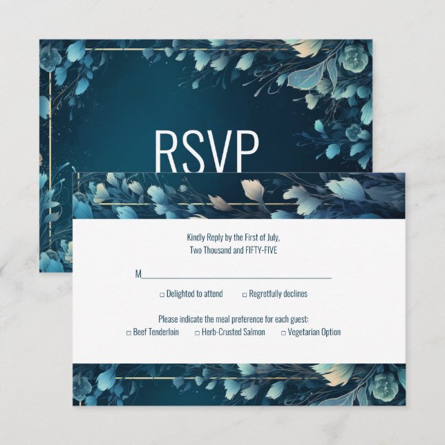 Cartons Réponse Aquamarine foncée et Mariage Floral bleu Turquoise (Devant / Derrière)