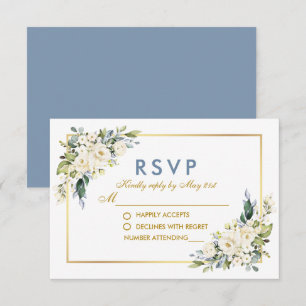 Cartons Réponse Aquarelle Blanc Floral Dusty Bleu Mariage Or