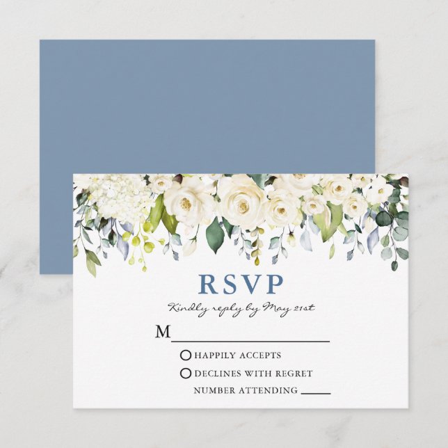 Cartons Réponse Aquarelle Blanc Floral Dusty Blue Mariage (Devant / Derrière)