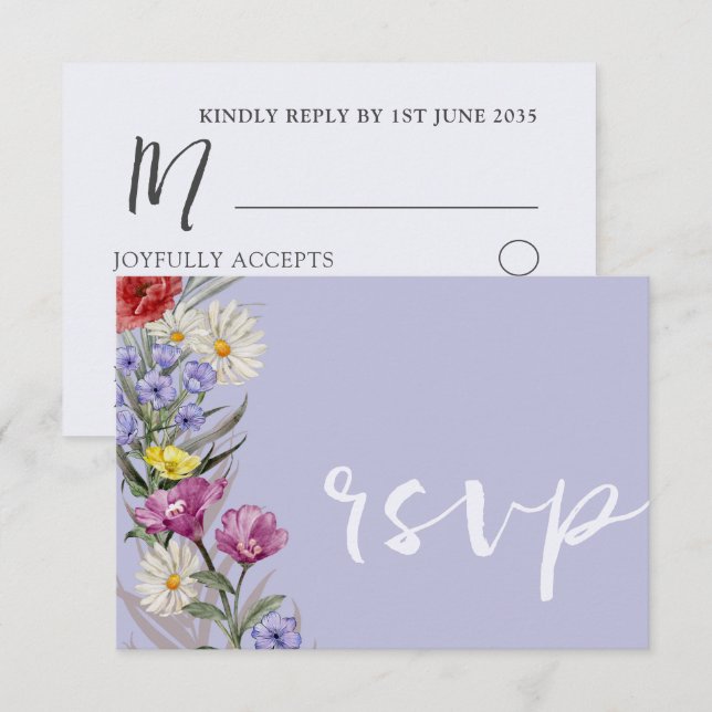 Cartons Réponse Aquarelle blanche Fleur sauvage et Mariage violet (Devant / Derrière)