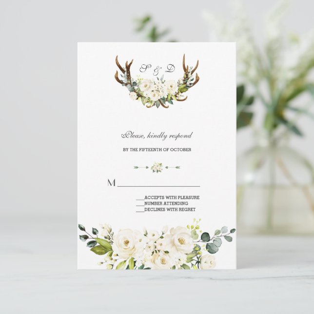 Cartons Réponse Aquarelle blanche Fleurs crème Mariage Antlers (Debout devant)
