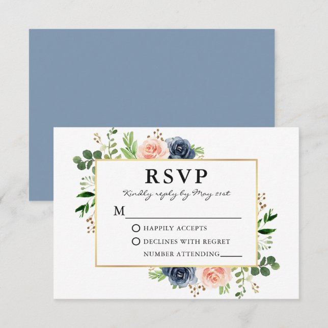 Cartons Réponse Aquarelle bleu bleu foncé Rose Mariage vert (Devant / Derrière)