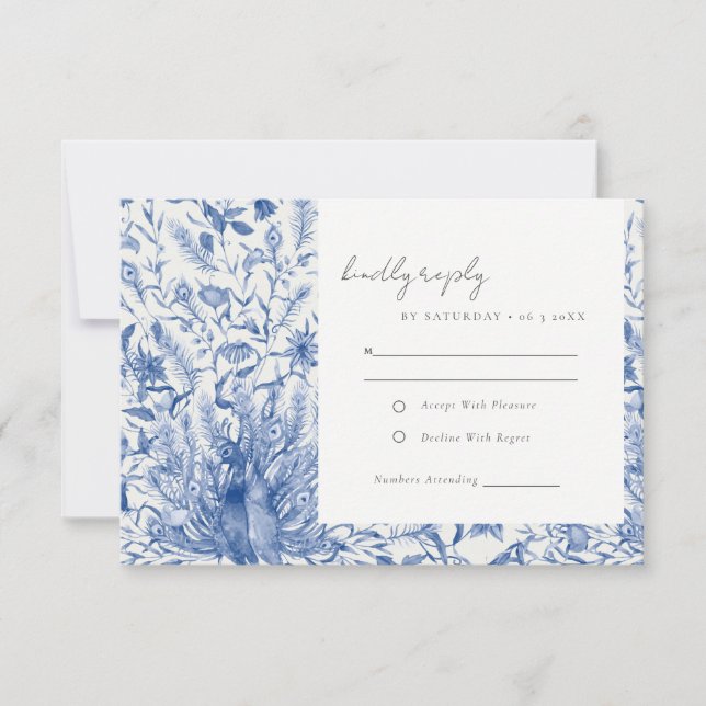Cartons Réponse Aquarelle bleu orné Floral Mariage de paon (Devant)