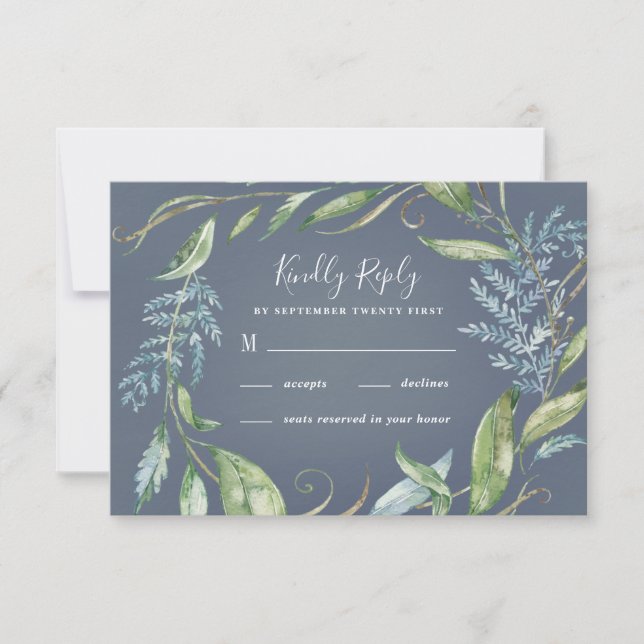 Cartons Réponse Aquarelle bleue Eucalyptus Vert Mariage de couronn (Devant)