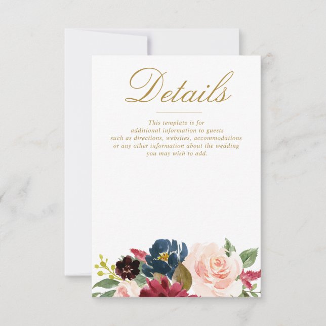 Cartons Réponse aquarelle bordeaux fleurs marine détails mariages (Devant)