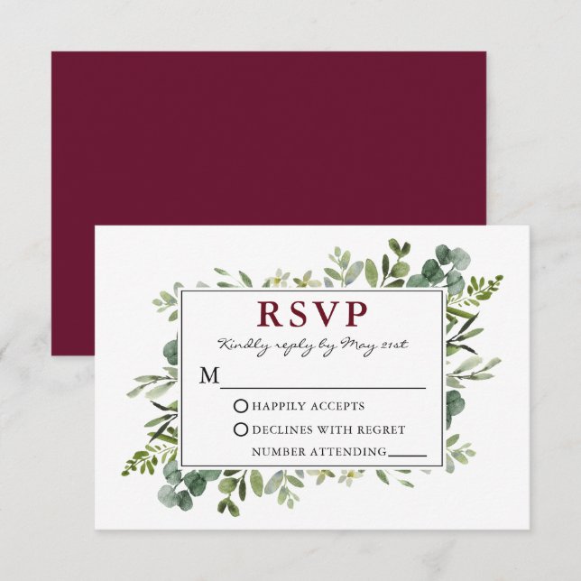 Cartons Réponse Aquarelle Botanique Verdure Mariage Bourgogne (Devant / Derrière)
