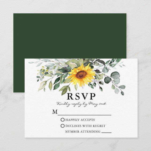 Cartons Réponse Aquarelle Botanique Vert Mariage Tournesol (Devant / Derrière)