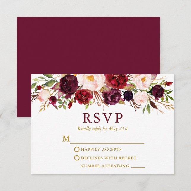 Cartons Réponse Aquarelle Bourgogne Floral Mariage or (Devant / Derrière)