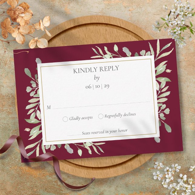 Cartons Réponse Aquarelle Bourgogne Or Vert (Burgundy Gold Watercolour Greenery RSVP Card)