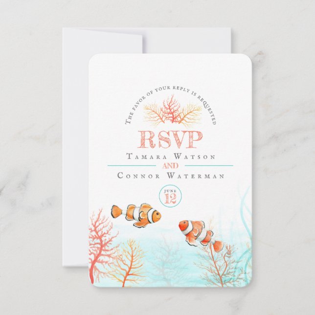 Cartons Réponse Aquarelle corail poisson de mer tropical mariage (Devant)
