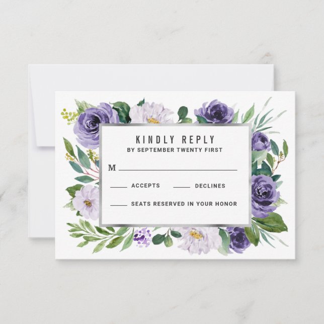 Cartons Réponse Aquarelle d'argent violet couleur florale Mariage  (Devant)