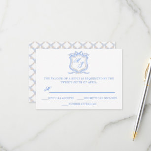 Cartons Réponse Aquarelle Designer Blue Monogram Crest Mariage