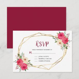 Cartons Réponse Aquarelle d'or bordeaux géométrique Mariage floral
