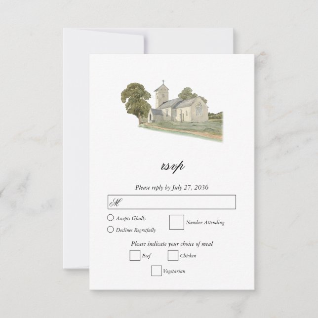 Cartons Réponse Aquarelle Eglise traditionnelle Monogramme Mariage (Devant)