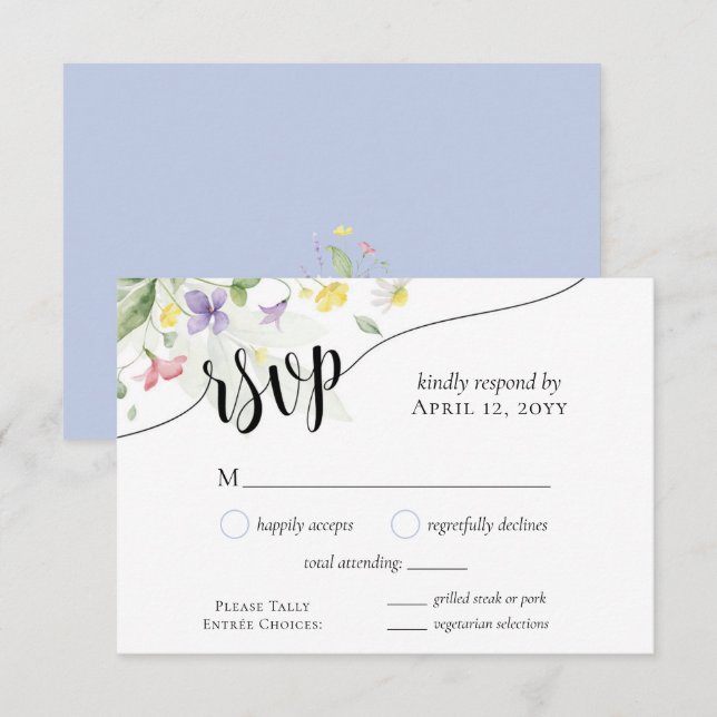 Cartons Réponse Aquarelle Fleur sauvage Dîner Choix Mariage bleu (Devant / Derrière)