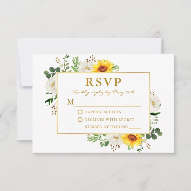 Cartons Réponse Aquarelle Fleurs de soleil Blanc Floral Mariage Or (Devant)