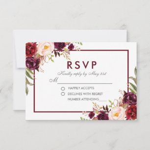 Cartons Réponse Aquarelle Floral Bourgogne Mariage Argent