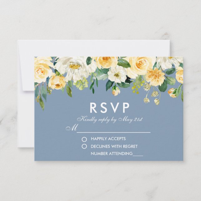 Cartons Réponse Aquarelle Floral Jaune Blanc Duché Bleu Mariage (Devant)