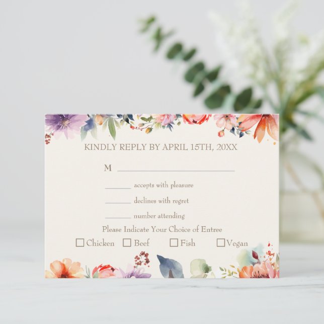 Cartons Réponse Aquarelle Floral Mariage de choix de repas (Debout devant)