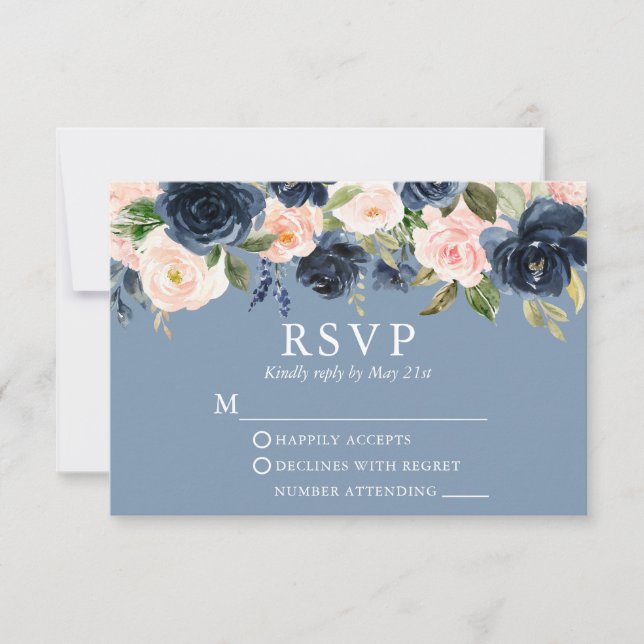 Cartons Réponse Aquarelle Floral rose Dusty Mariage bleu (Devant)
