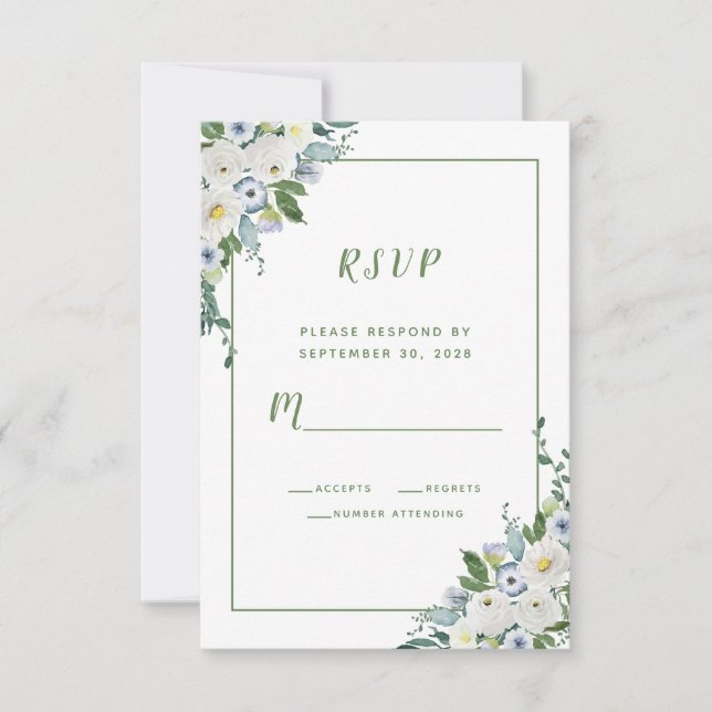 Cartons Réponse Aquarelle florale Élégant mariage blanc vert (Devant)