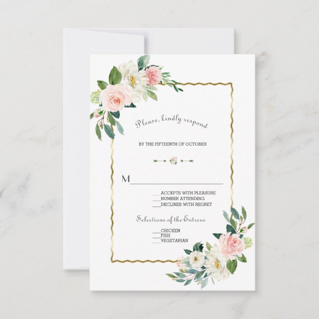 Cartons Réponse Aquarelle Flush Flowers Mariage Gold Navy (Devant)