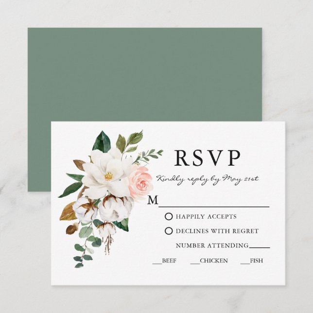 Cartons Réponse Aquarelle Magnolias Rose Mariage Sage Vert (Devant / Derrière)