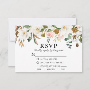 Cartons Réponse Aquarelle Magnolias Roses Roses Rose Mariage Repas