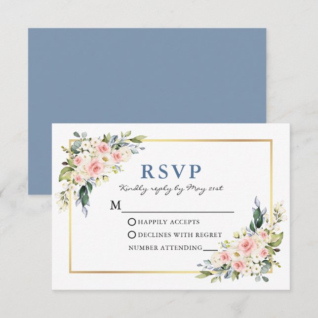 Cartons Réponse Aquarelle mariage Blanc rose Floral Dusty Bleu (Devant / Derrière)