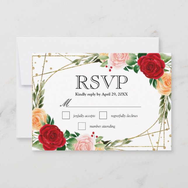 Cartons Réponse Aquarelle Mariage Rose rouge et orange (Devant)