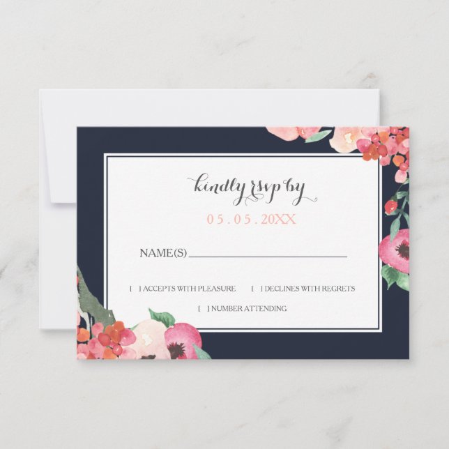 Cartons Réponse Aquarelle Marine Blush Floral Mariage élégant (Devant)