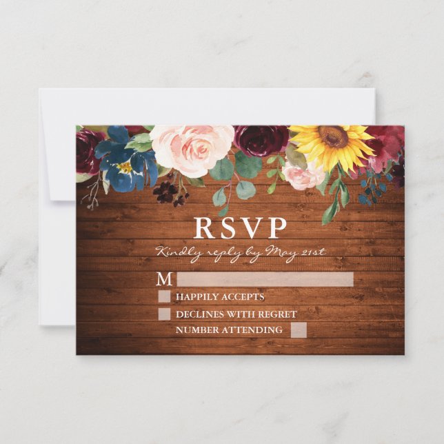Cartons Réponse Aquarelle mélangée Floral Rustique Mariage bois (Devant)