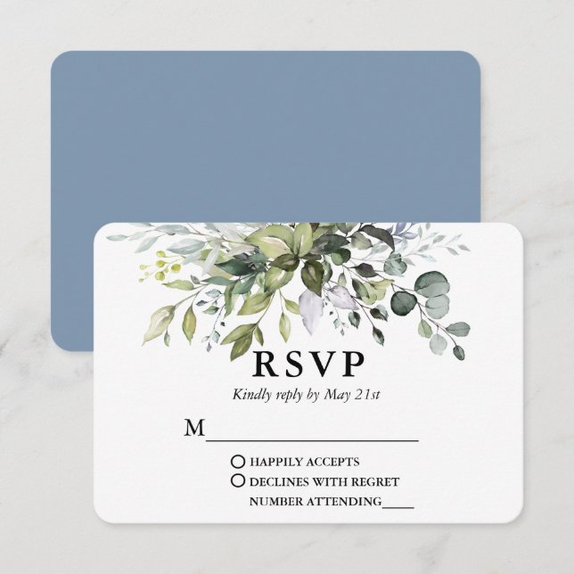 Cartons Réponse Aquarelle moderne verdure Dusty Blue Mariage (Devant / Derrière)